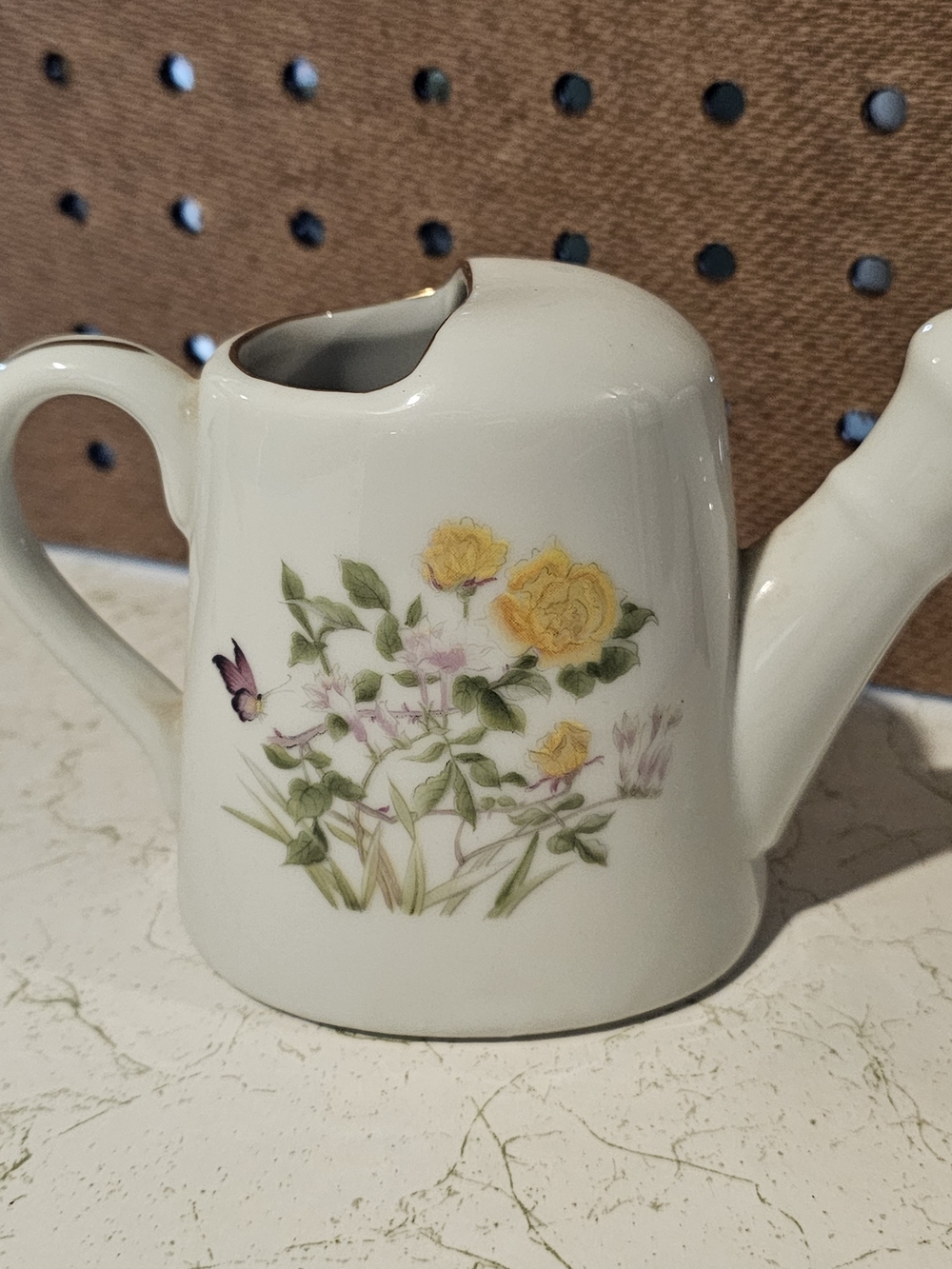 Vintage White Porcelain Teapot with Yellow Rose Floral Motif